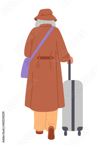 Senior woman in a coat and a hat walking with a suitcase view from the back flat vector illustration isolated on white.