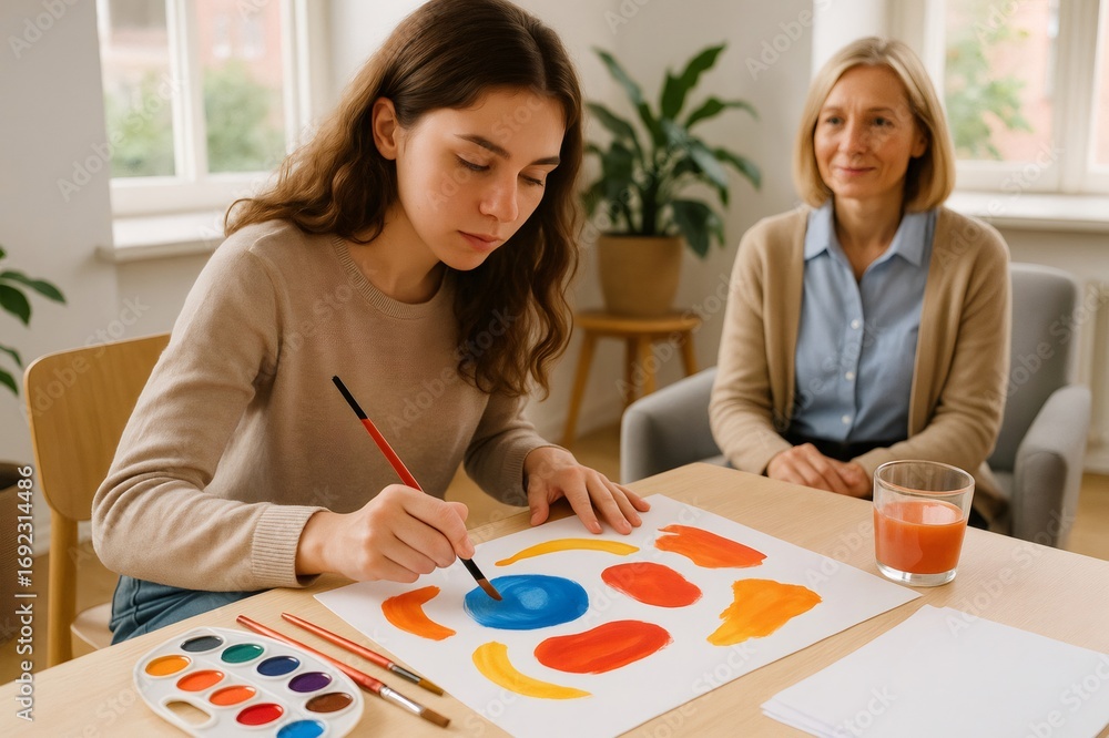 Fototapeta premium Patient painting colorful shapes during art therapy session with her counselor, expressing emotions and thoughts through creative process