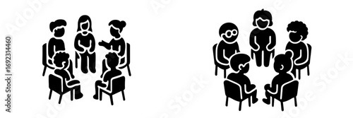 Group therapy session and support meeting icons with people sitting in a circle for discussion and counseling