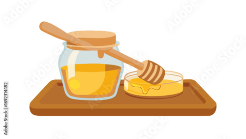 Delicious honey jar with dipper and honey on a wooden tray sweet natural food product illustration vector