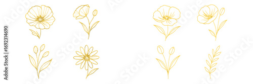 Set of elegant gold flower line art icons with botanical elements for wedding invitations and minimalist logo design