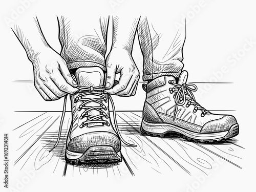 Hiking Boots Being Laced in Hand-Drawn Sketch Style - Black and White Vector Illustration for Outdoor and Adventure Design