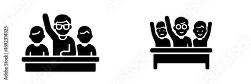 Classroom participation solid glyph icon set with students raising hands to ask questions or volunteer during a lesson