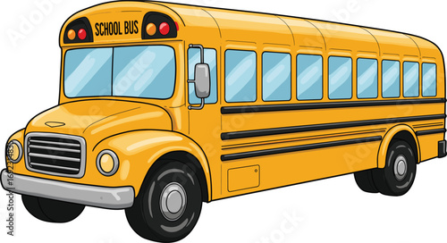 Yellow school bus illustration, cartoon style educational transport vehicle, children transportation design, vector drawing isolated on white background, learning concept
