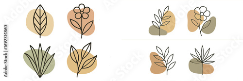 Abstract botanical elements with continuous line art leaves and flowers over organic shapes in natural earth tone colors
