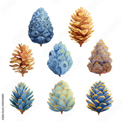 Mine Watercolor, hand-painted pinecones painting illustration, vector illustration, AI painting design, and EPS format design. vector illustration, isolated on a white background