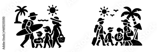 Family on summer beach vacation icon set with parents and children walking with luggage and surfboard under a palm tree