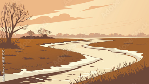 Autumn landscape river scene vector art illustration with trees and sky drawing for graphic design asset use
