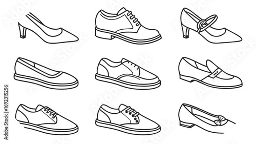 Assortment of Nine Black and White Line Art Shoe Illustrations shoes footwear