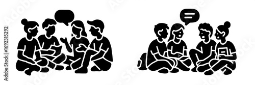 Group of young people sitting in a circle for discussion and communication black glyph icon set for teamwork and support