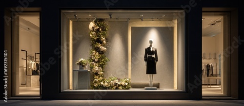 Modern retail store minimalist Christmas window display featuring single mannequin decorated with festive accessories, clean lines and luxury shopping vibe, high end commercial holiday concept