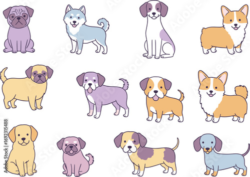 Cute cartoon dog collection, various puppy breeds, sitting and standing poses, colorful pet clipart, animal character set, isolated vector design, adorable dog illustrations