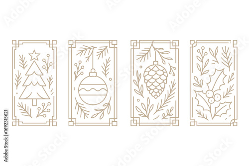 Christmas line art icons set with tree, ornament, pinecone, and holly in decorative frames for holiday greeting cards