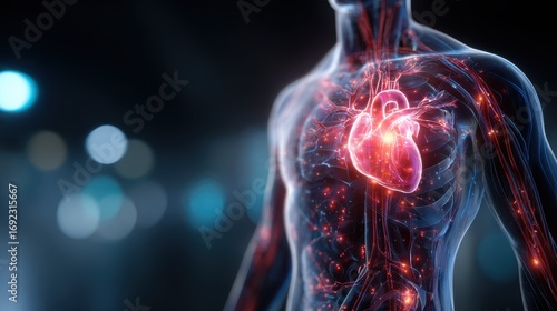 Human anatomy illustration with a glowing heart