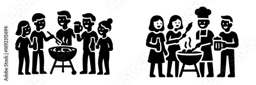 Black and white depiction of friends at a summer barbecue party cooking food on a grill and drinking beer