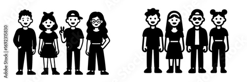 Two sets of flat design character icons depicting groups of young adult friends in a simple black and white minimalist graphic style