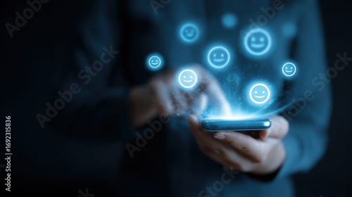 Wallpaper Mural Person using smartphone with glowing smiley faces Torontodigital.ca