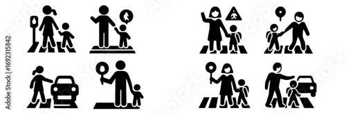 Set of black glyph icons illustrating road safety for children with parents and crossing guards helping them safely cross the street at a pedestrian crosswalk