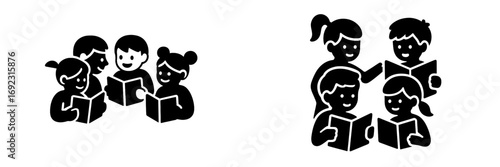 Black silhouette icons of young students in a classroom or library reading and studying together for school