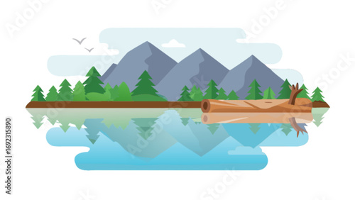 Scenic lake landscape with mountain view, trees, and reflecting water vector illustration background