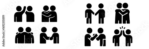 Set of friendship and greeting icons showing people hugging, shaking hands, and high-fiving in a simple black and white silhouette style