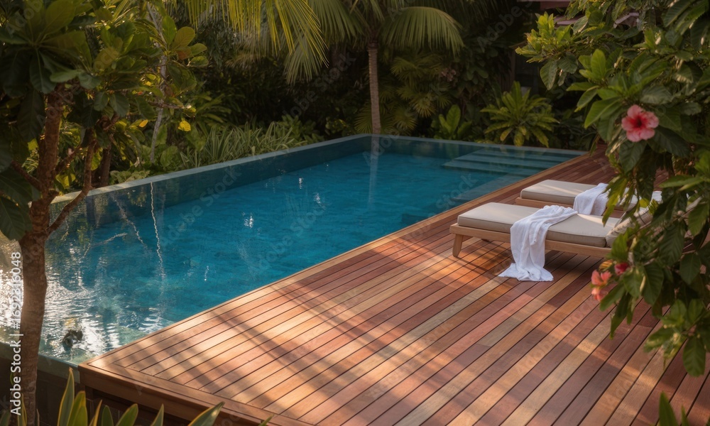 Obraz premium Tropical resort pool deck. Lush greenery surrounds a modern swimming pool with sun loungers on a wooden deck