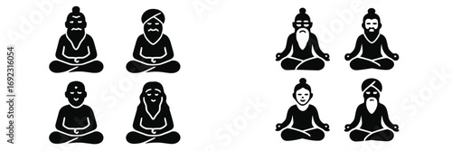 Set of guru, yogi, and spiritual master icons in meditation pose for spiritual and wellness concepts
