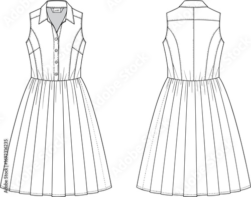 Cad drawing flat vector illustration of pleated sleeveless shirt dress, front and back view, technical fashion sketch, apparel template