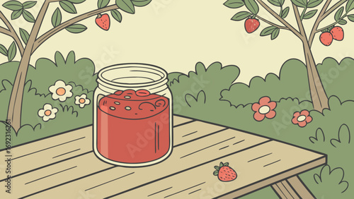 Homemade strawberry jam recipe in a jar on picnic table with garden background summer fruit preserves scene
