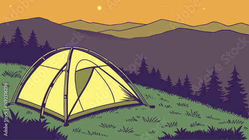 Camping tent in the mountains illustration for outdoor adventure and travel camping gear and camping equipment
