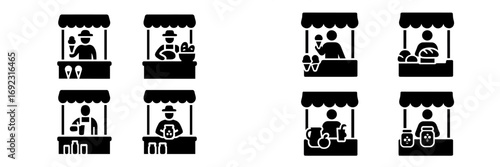 Black glyph icon collection of street food vendors and market stalls selling ice cream, bread, and local produce