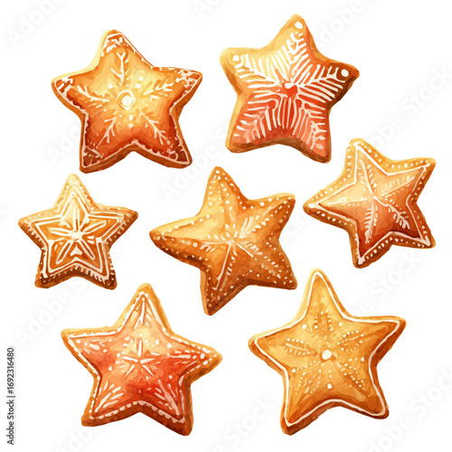 My Watercolor design, star-shaped gingerbread for christmas painting isolated on a white background, illustration, AI painting design, vector set, eps format design