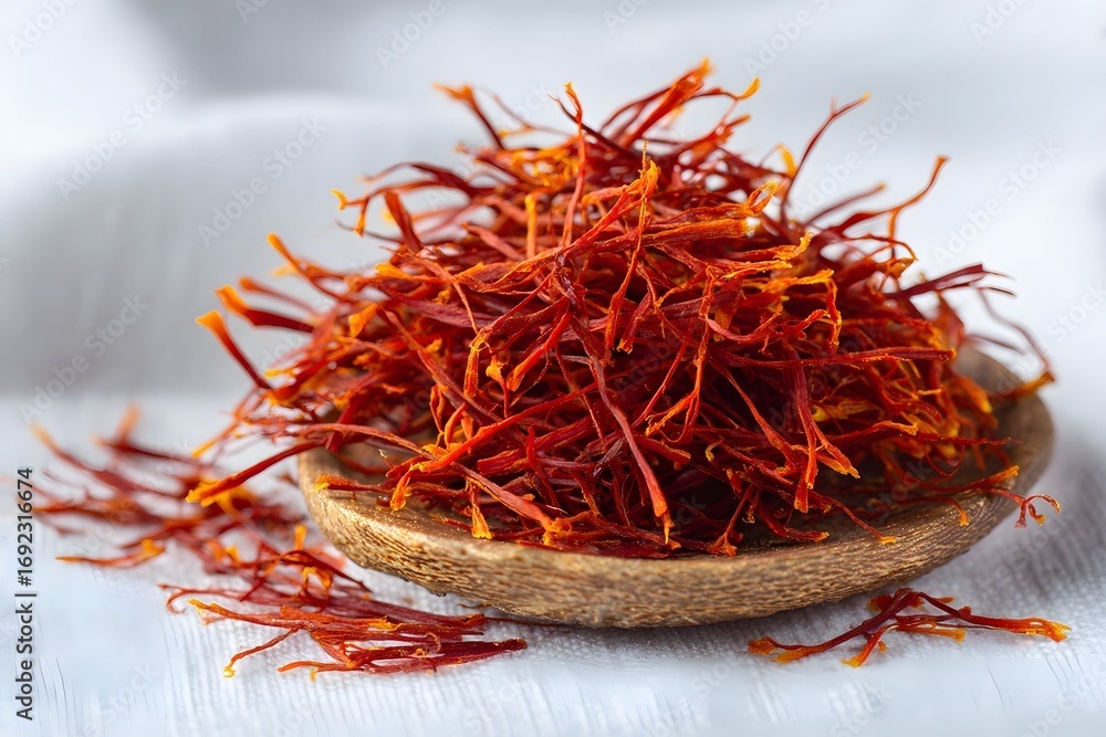 Fototapeta premium Saffron threads displayed on white background perfect for gourmet food and spice promotions