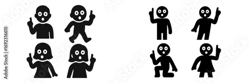 Minimalist icon set of people figures in various poses pointing a finger upwards in a moment of inspiration, discovery, or surprise