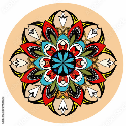 Colorful mandala design with floral patterns on circular background  