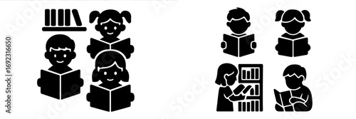 Black silhouette collection of children reading books for education and library concepts, showing students studying and learning literature