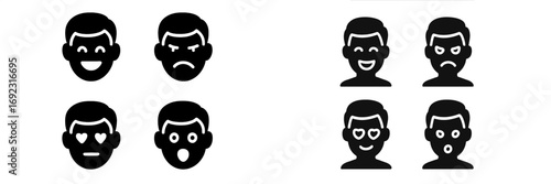 Set of black glyph icons depicting human facial expressions and emotions like happiness, sadness, anger, and love isolated on a white background