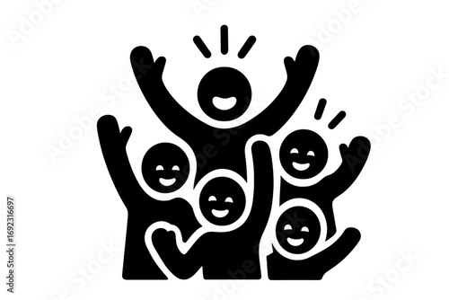 Cheering crowd of people celebrating success and victory. Group of happy figures with arms raised in excitement and joy. Black and white icon for teamwork and community