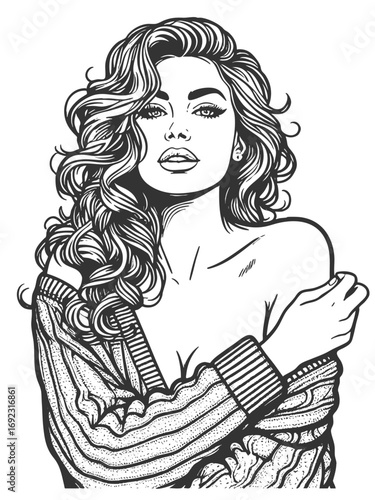 glamorous woman with wavy hair and sweater, confidence, beauty, and fashionable elegance sketch engraving generative ai fictional character vector illustration. Scratch board. Black and white image.
