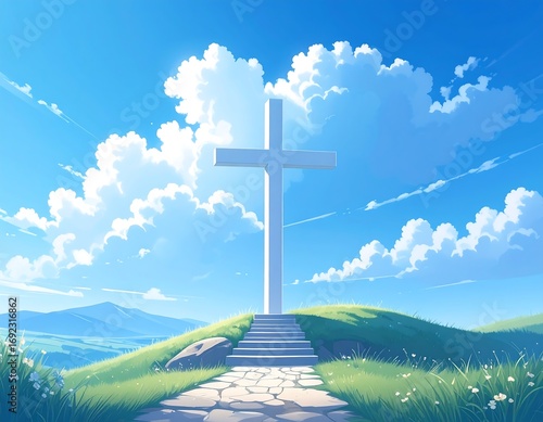 A serene, stylized landscape with a white cross on a hill