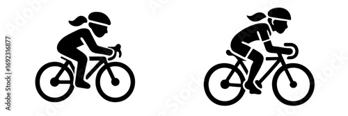 Female cyclist icon set with a woman riding a road bike in silhouette style for sports and transportation concepts
