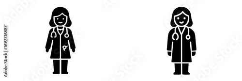 Black glyph icon set of a female doctor or physician with a stethoscope for medical and healthcare applications on a white background