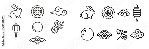 Mid-Autumn Festival icon set with traditional Chinese symbols like moon rabbit, mooncake, lantern, and full moon in a minimalist line art style
