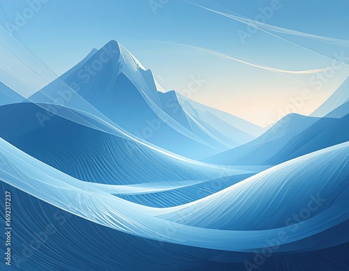 A serene, stylized mountain landscape