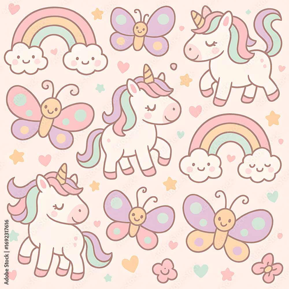 Obraz premium Magical collection of cute unicorn, rainbow, and butterfly elements. Sweet hand-drawn kawaii cartoon clipart set for nursery decoration.