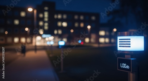 Wallpaper Mural Nighttime shot of illuminated noise sensors operating in quiet zones near hospitals monitoring sound pollution to maintain peaceful environment. Torontodigital.ca