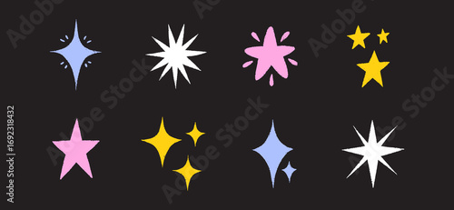 Crayon star illustrations with pastel chalk texture and brush lines. Hand drawn colorful shapes bring a playful sparkle for school projects