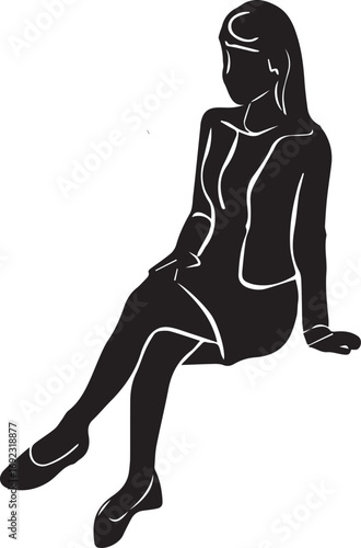 Silhouette of a young woman sitting down wearing a dress and shoes