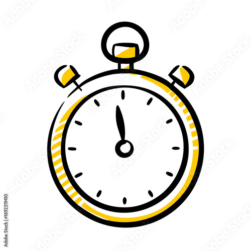 Сlassic stopwatch icon with yellow color accents and black outline. Time measurement concept. Vector illustration for web, app, ui, ux