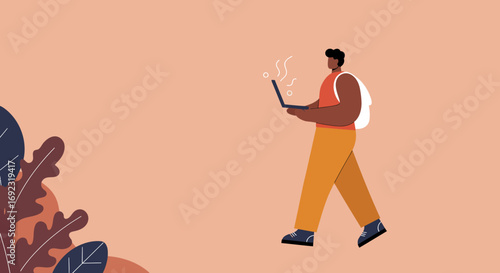 Stylish person walking and working on a laptop, embodying remote work, digital nomad lifestyle, and online education. Ideal for business, technology, and learning concepts.